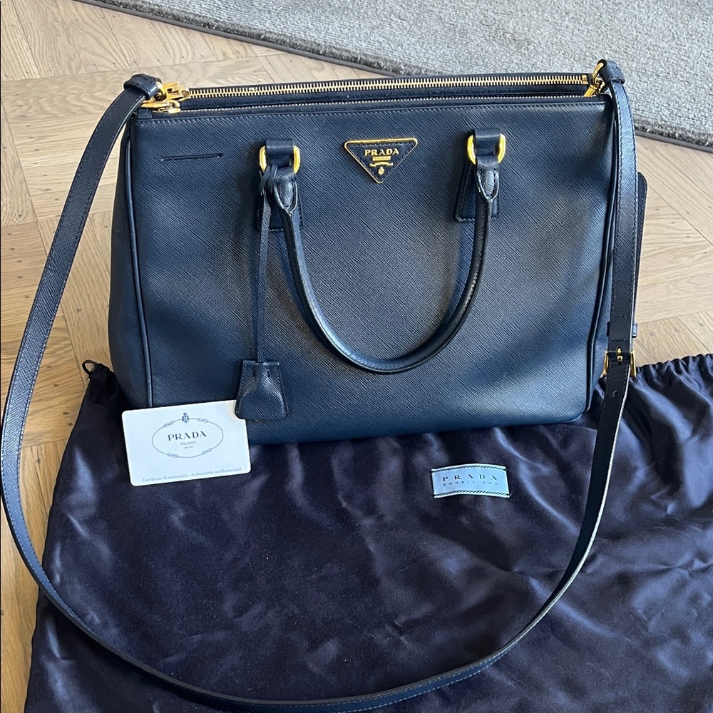 Prada Navy Leather Satchel with Gold Accents